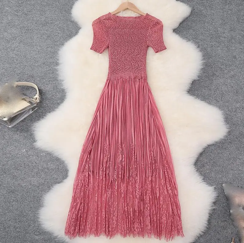 black Vintage Chiffon Long Dress women fashion Short sleeve Lace Pleated Dress Summer new elegant O-Neck dress Female - Цвет: Розовый