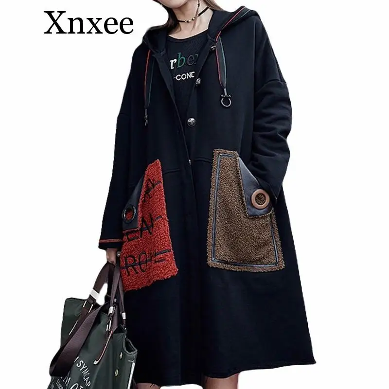 

Xnxee Fashion Korean Fur Pockets Roupas Ladies Black Overcoat Women Punk Vintage Long Trench Coat Hooded Woman Winter Clothes