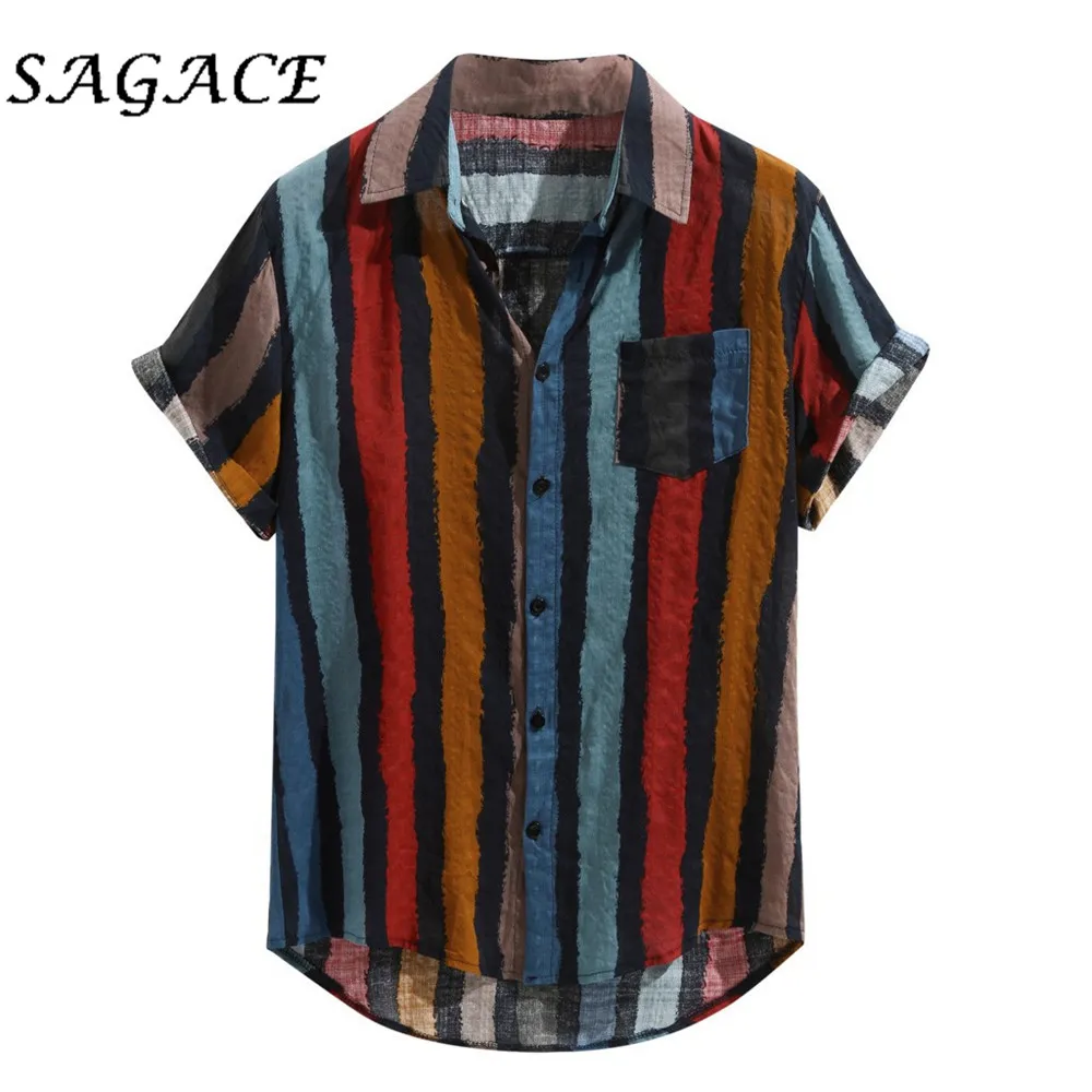 SAGACE одежда уличная Мужская футболка винтажная Мужская хлопковая футболка с забавным принтом летний топ свободные Гавайские мужские полосатые рубашки