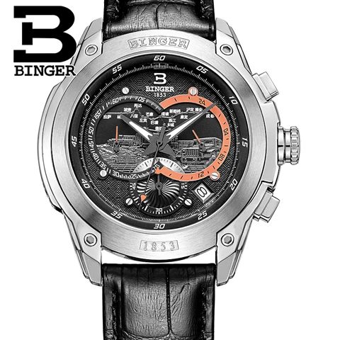 Швейцарские мужские часы люксовый бренд наручные часы Бингер кварцевые часы из натуральной кожи ремешок Хронограф Diver glowwatch B6013-4 - Цвет: Item 5