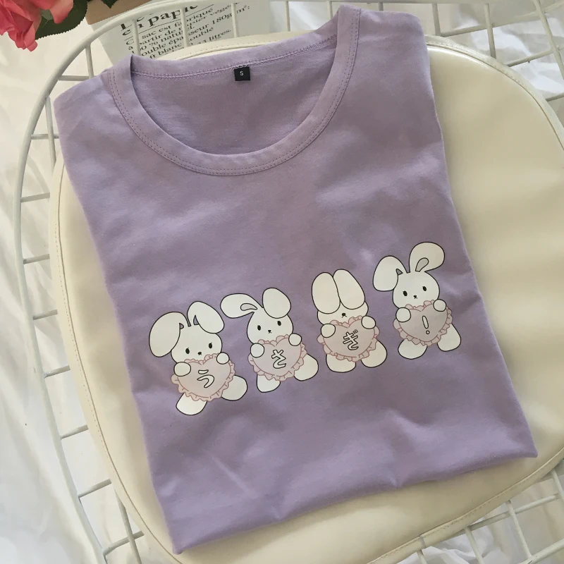 

Purple Rabbit Printing Japanese Summer Style Cotton T-Shirt Loose T Shirt Clothes Cute Women Casual Short Sleeve Tshirt Tops