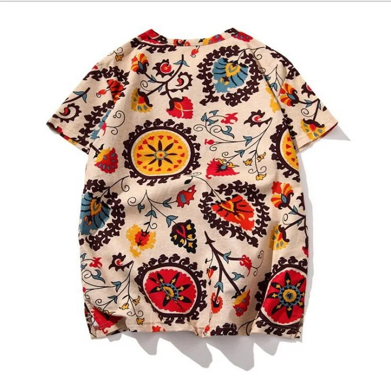 

VXO Male Retro Shirt Vintage Small V-neck Short-sleeved Shirt Ethnic Style Printed Cotton Linen Shirt Chinese Wind Shirt