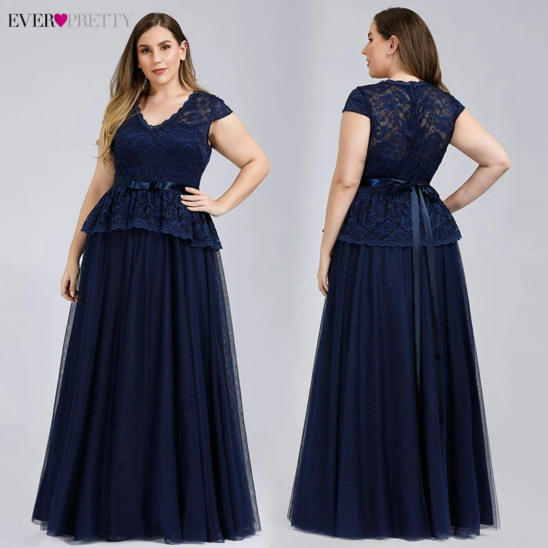

Navy Blue Evening Dresses Ever Pretty A-Line V-Neck Bow Sashes Elegant Evening Gowns Plus Size Lace Formal Dresses Robe Longue