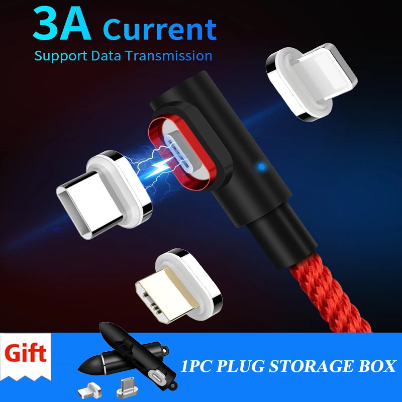 

90 Degree 3A Fast Magnetic Charging Cable Micro USB Type C Charger For iPhone X XS Max XR 8 7 Cable Magnet Android Phone Charger