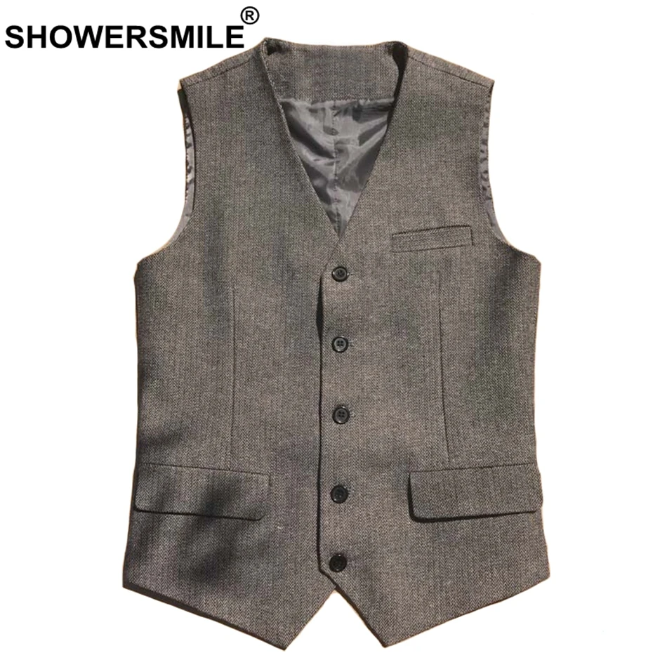 

SHOWERSMILE Brand Wool Tweed Vest Men Vintage Slim Fit Waistcoat Herringbone Male Grey Sleeveless Jacket British Autumn Clothing
