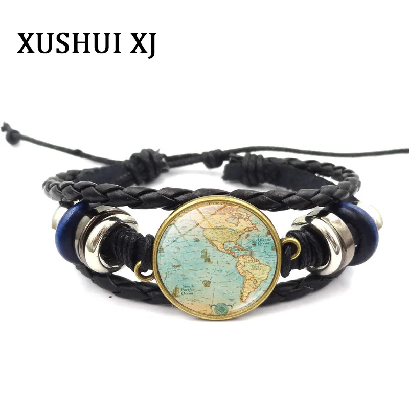 XUSHUI XJ винтажный стеклянный кабошон с картой мира браслет подвесками ручная