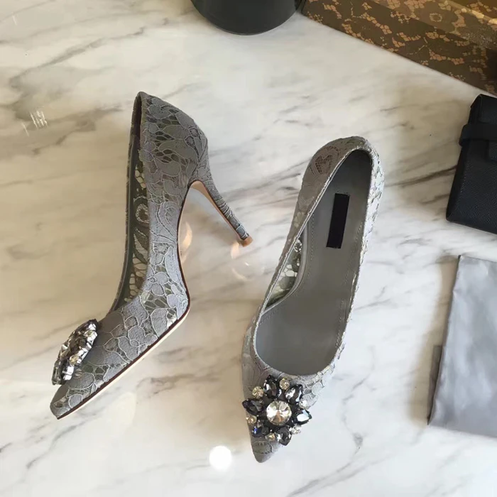 

Hot 2018 Spring Summer Shoes Woman Lace Pumps Pointed Toe Shallow Design Woman High Heel Pumps Crystal Party Wedding Shoes P