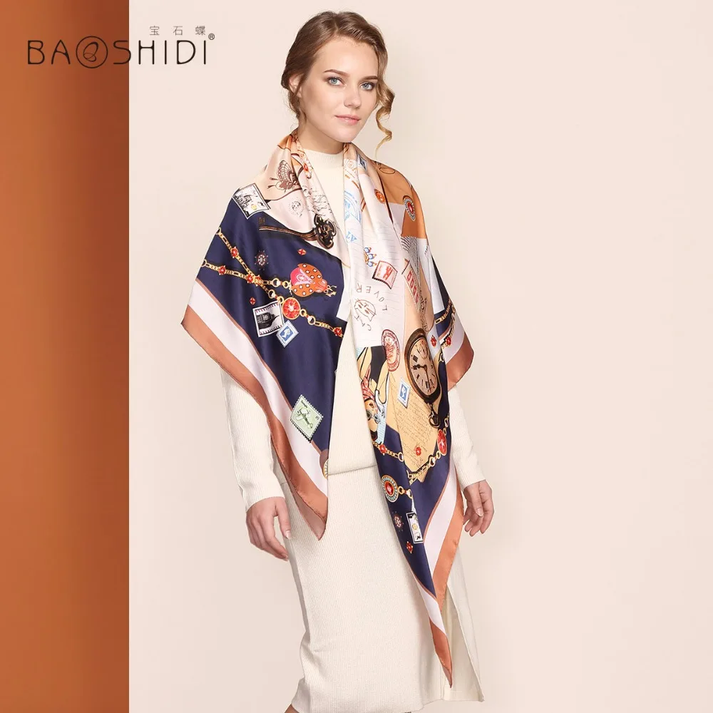 [BAOSHIDI] шелк модный шарф, 12 момме толстый, бесконечность 135*135 шарфы женские, элегантные брендовые шарфы, Дамская шаль, Женский хиджаб