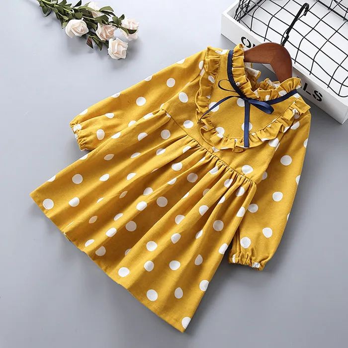 Yellow Платье для девочек г. Осенние детские платья с длинными рукавами для девочек, детские платья принцессы в горошек с высоким воротником Одежда для маленьких девочек от 2 до 6 лет - Цвет: Yellow
