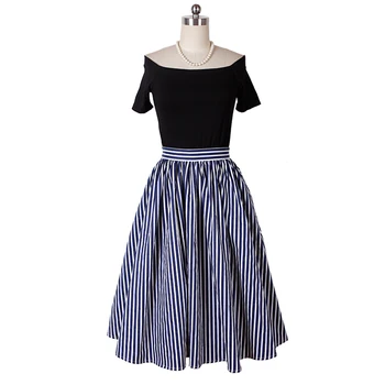

2015 New Arrival Elegant High Waist Women Skirt Blue and White Striped Vintage Midi Skirts Andrey Hepburn Cotton Pleated Skirt