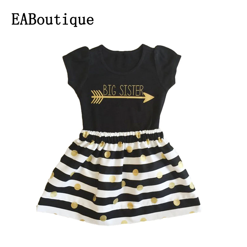 EABoutique Summer style Fashion Gold Letter printed big sister tee with striped skirt outfit girls clothes