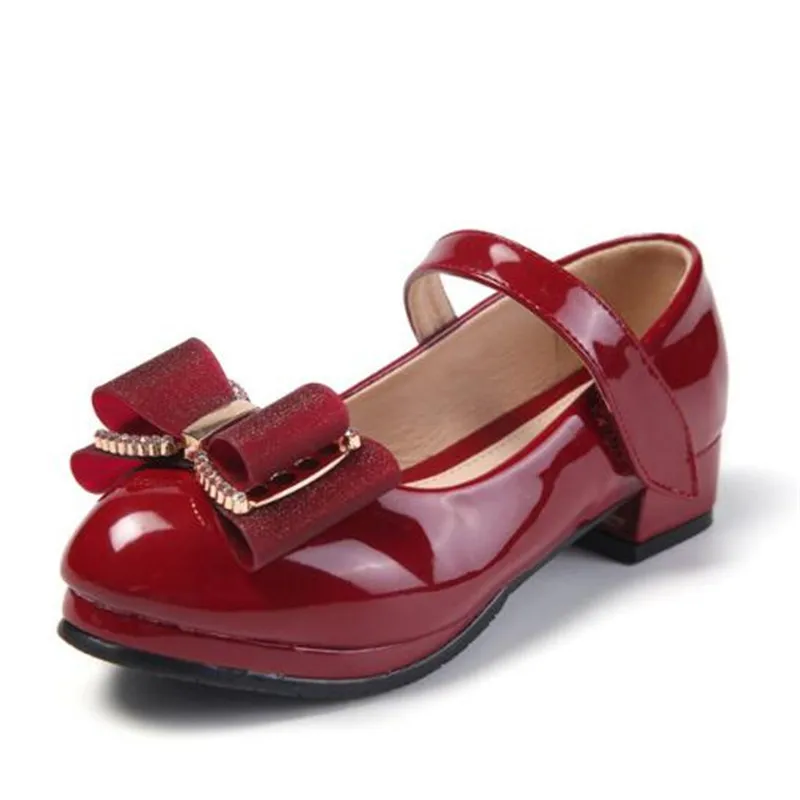 Новинка; детская кожаная обувь принцессы на высоком каблуке с бантом-бабочкой для девочек; студенческие мокасины для танцевальной вечеринки; для малышей; 02A - Цвет: Красный