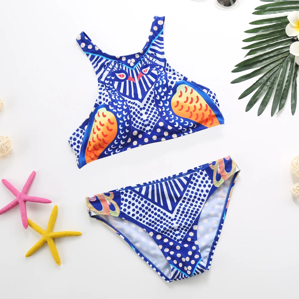 

2016 Summer Womens Sexy High Neck Bikini Set Low Waist Racer Back Animal Peacock Print Brazilian Bikinis Push Up Swimwear Y1628