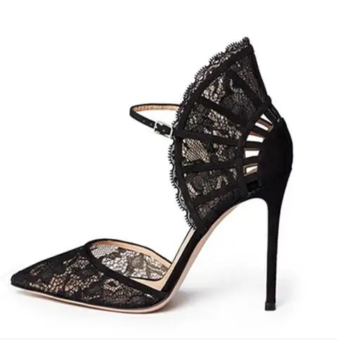 Free-Ship-Women-Black-Lace-High-Heel-Pumps-Fan-shaped-Ankle-Strap-Wedding-Dress-Shoes-Cut (3)