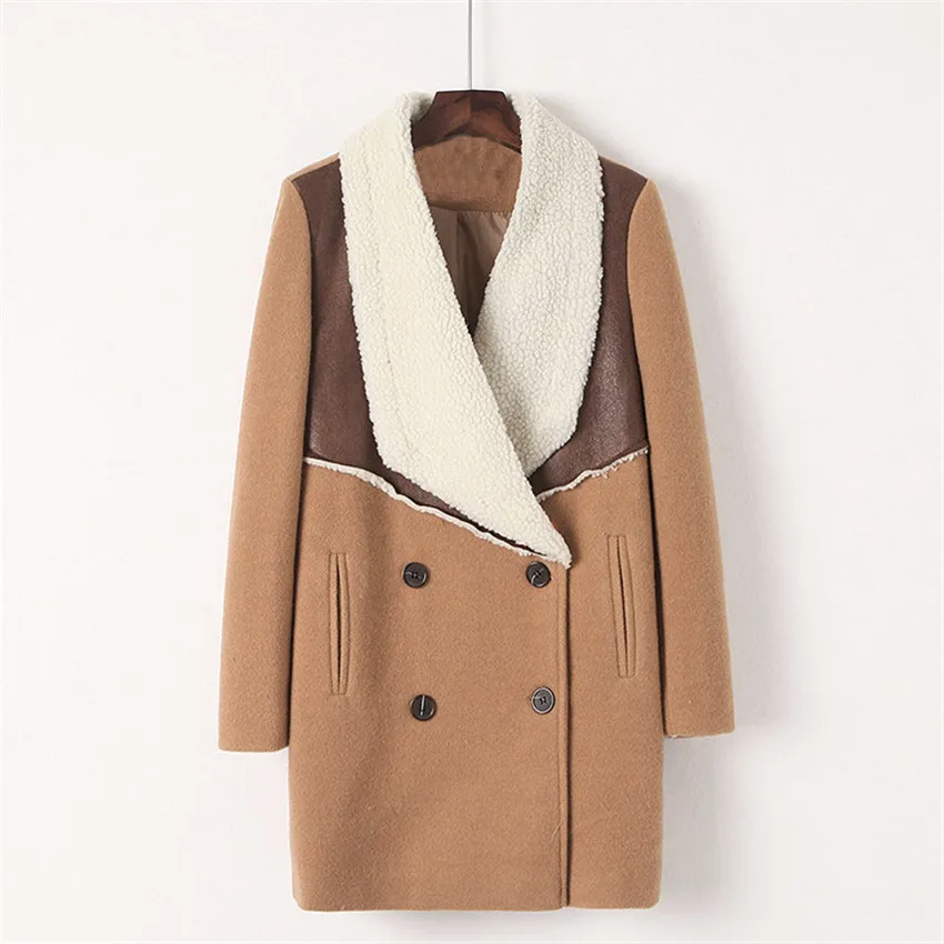 2017 Autumn Winter Fashion Big Lapel Woolen Coat Women Double Breasted Faux Suede Outerwear Windbreaker Lady Spliced Coats Mw032