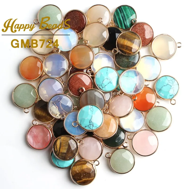 

18mm Natural Faceted Jades Turquoises Agates Stone Round Gold Rim Beads For Jewelry Making DIY Bracelet Pendant 10Pcs Wholesale