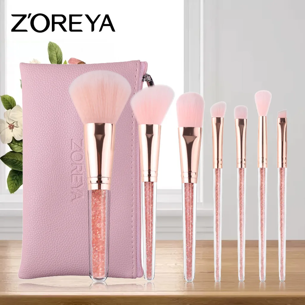 7 Pcs Gentle And Elegant Pink Crystal Makeup Brush Loose Powder Makeup Repair Concealer Eye Shadow Combination Brush Set#L20