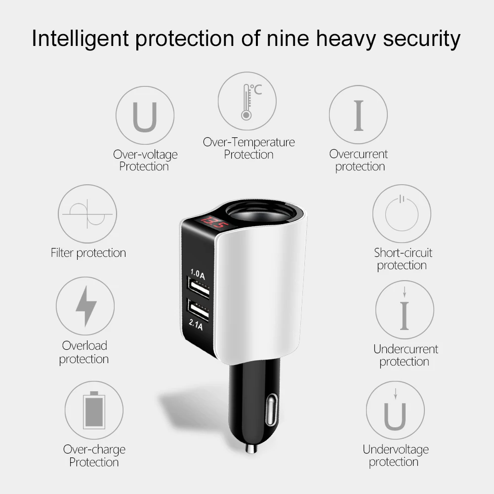 2 порта USB Автомобильное зарядное устройство со светодиодной цифровой