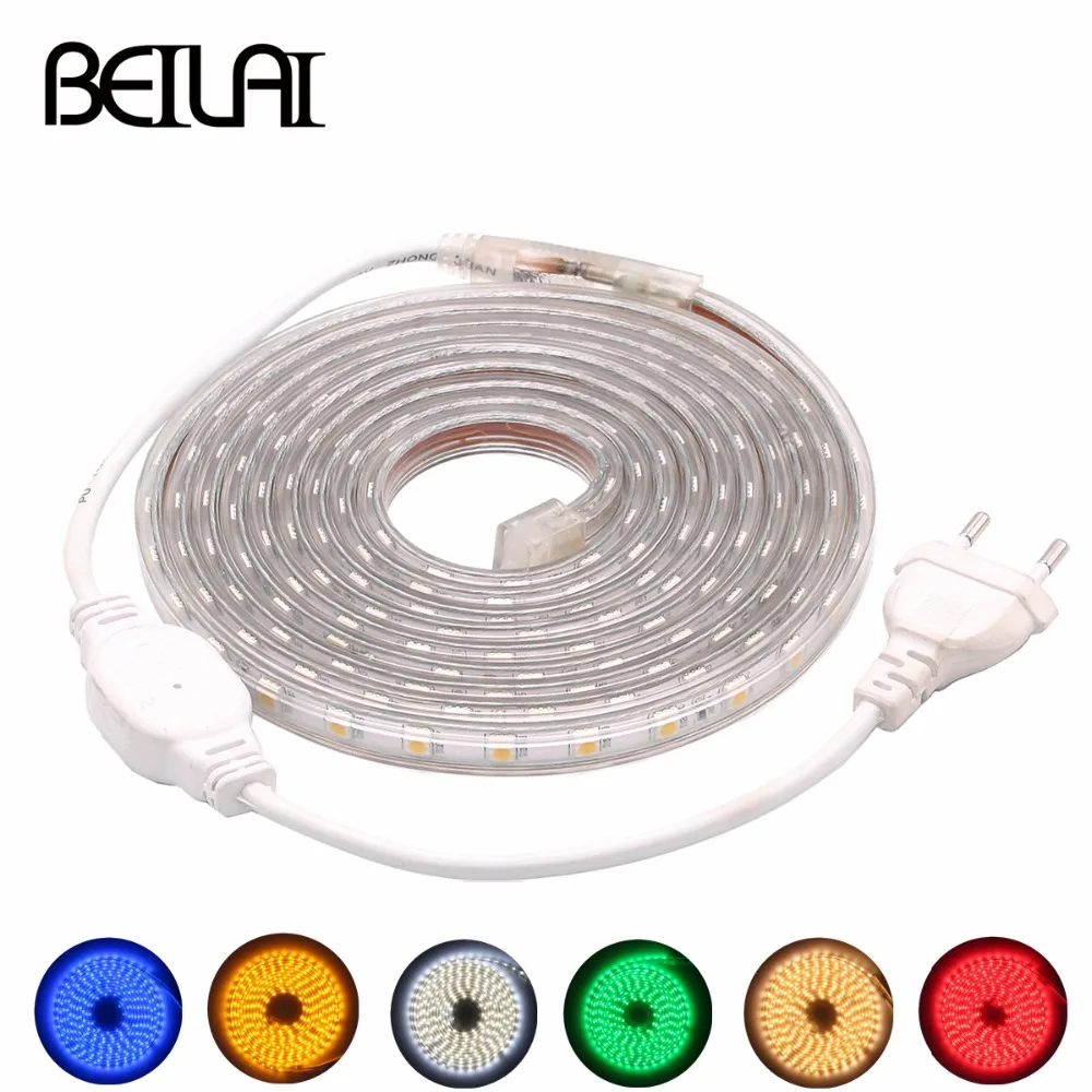 

AC 220V 5050 led strip Waterproof tape flexible led strips lights 60 leds/M outdoor garden lighting with EU plug clips on free