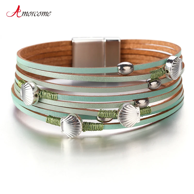 

Amorcome Bohemian Women Leather Bracelet 2019 Fashion Boho Style Metal Shell Charm Multilayer Wide Wrap Bracelet Jewelry