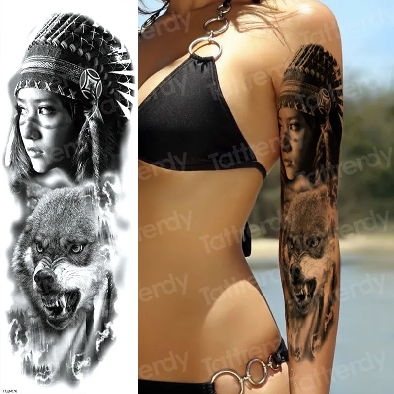 Большие временные тату наклейки с длинными рукавами эскиз льва тигра