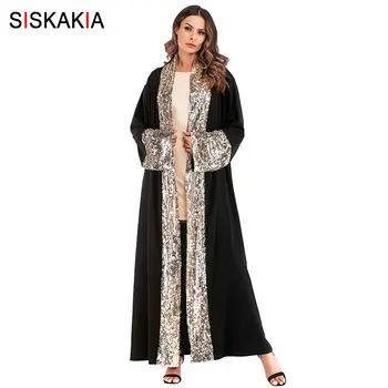 

Siskakia Muslim Cardigan Abaya Fashion Sequin patchwork Muslimah Kaftans & Jubah Plus Size Ramadan Robes Black Female 2019 UAE