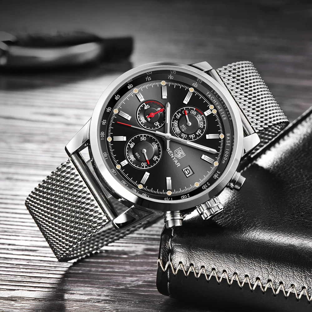 Benyar Men Watch Top Brand Luxury Male mesh belt Waterproof Sport Chronograph Quartz Wrist Watch Mi