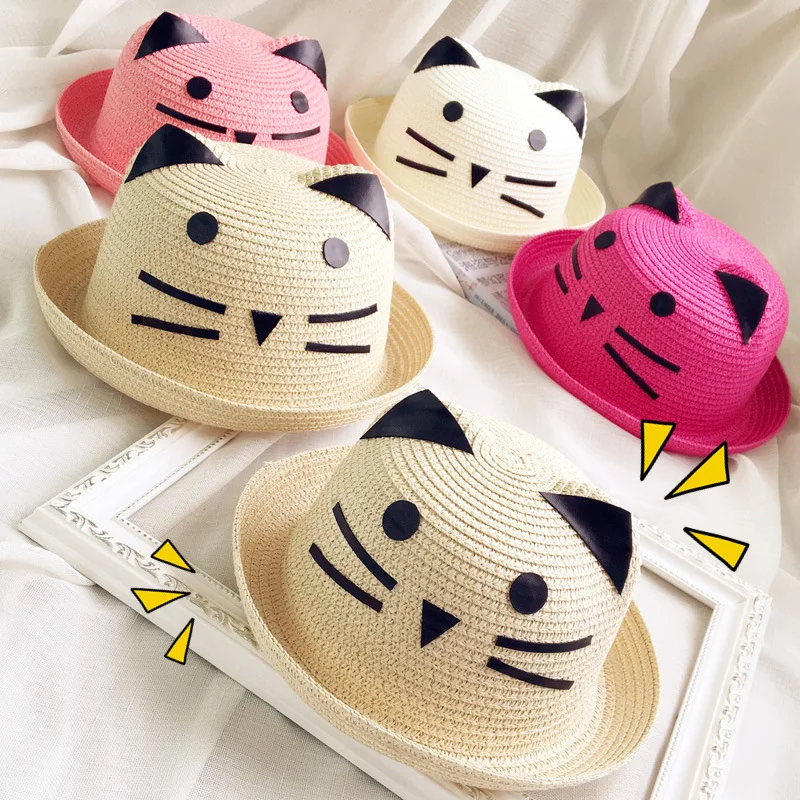 New Summer Cute Cat Ear Parentchild Straw Hat Baby Kids Weave Knits