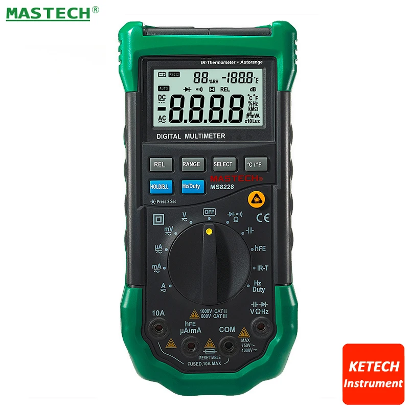 

MS8228 Infrared IR Thermometer -20C to 300C & Digital Multimeter DMM 2in1 4KCounts DCAC V/A Ohm Capacitance Frequency HFE Diode