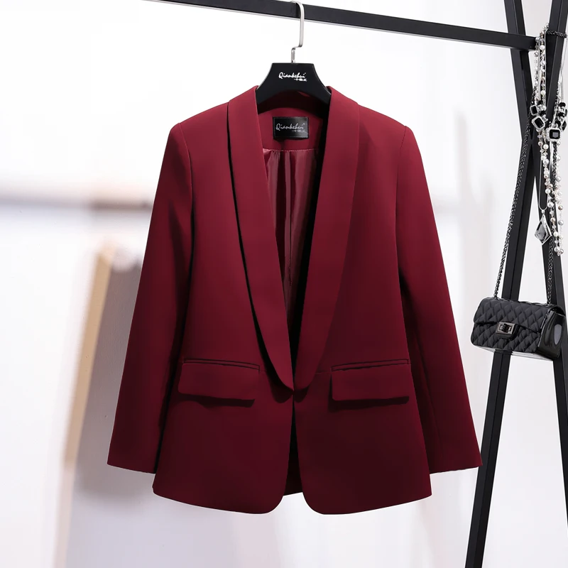 2019 new style suit jacket dark buckle burgundy jacket female OL wild small suit was thin in the long section of small jacket