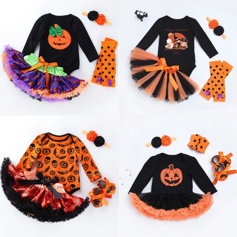 Halloween Kids Clothes Sets Baby Girl's Lace tutu Dress Bodysuit 4pcs