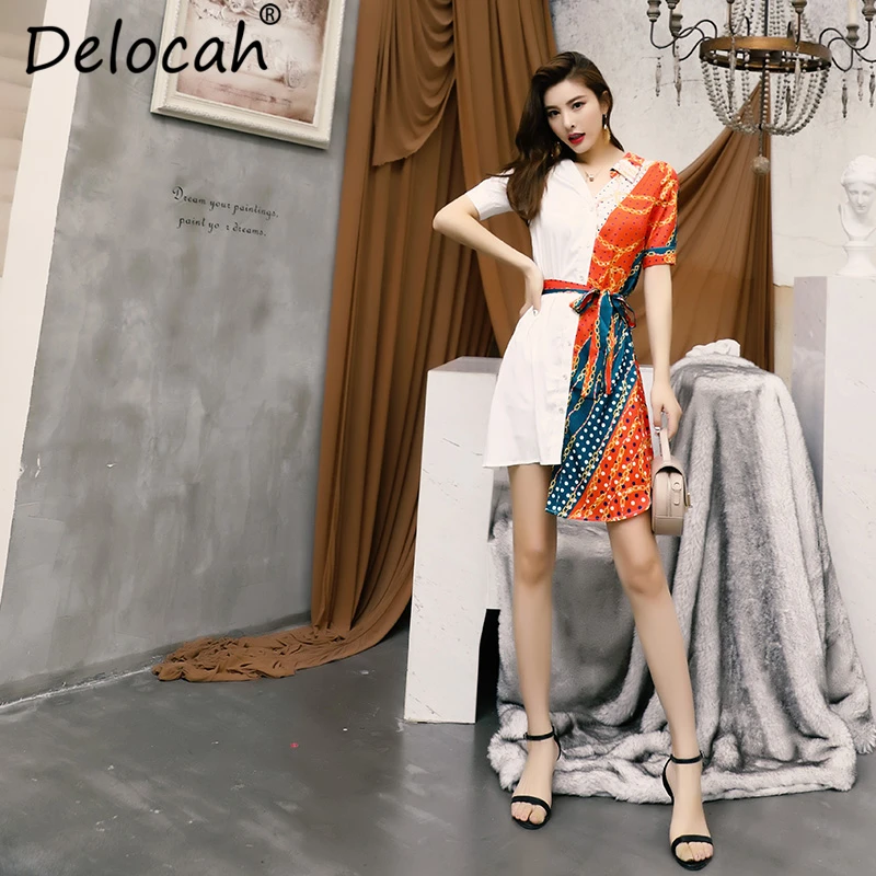 

Delocah Women Spring Summer Mini Dress Runway Fashion V-Neck Bow Tie Dot Printed Splice Elegant Casual Asymmetrical Dresses 2019