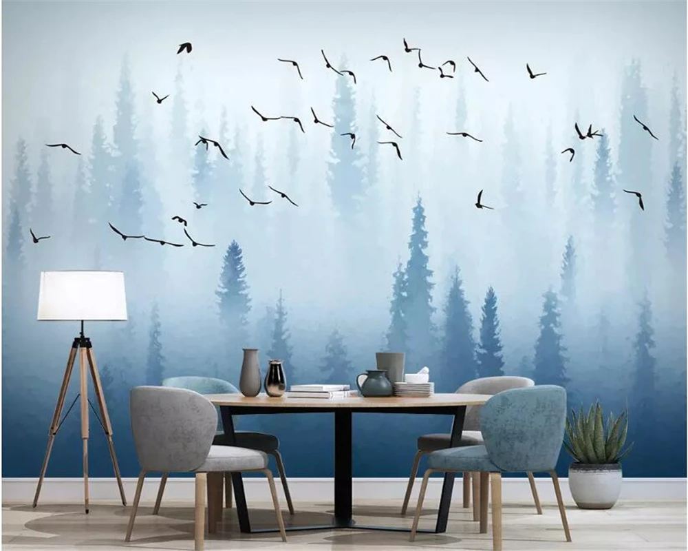 

Beibehang Custom 3D Photo Wallpaper Creative Abstract Nordic pine forest bird blue modern TV background wall 3d Wallpaper