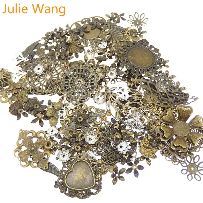 

Julie Wang 50g/Pack Vintage Mixed Flower Leaf Antique Color Iron Charms Necklace Pendants Findings Jewelry Making Accessory