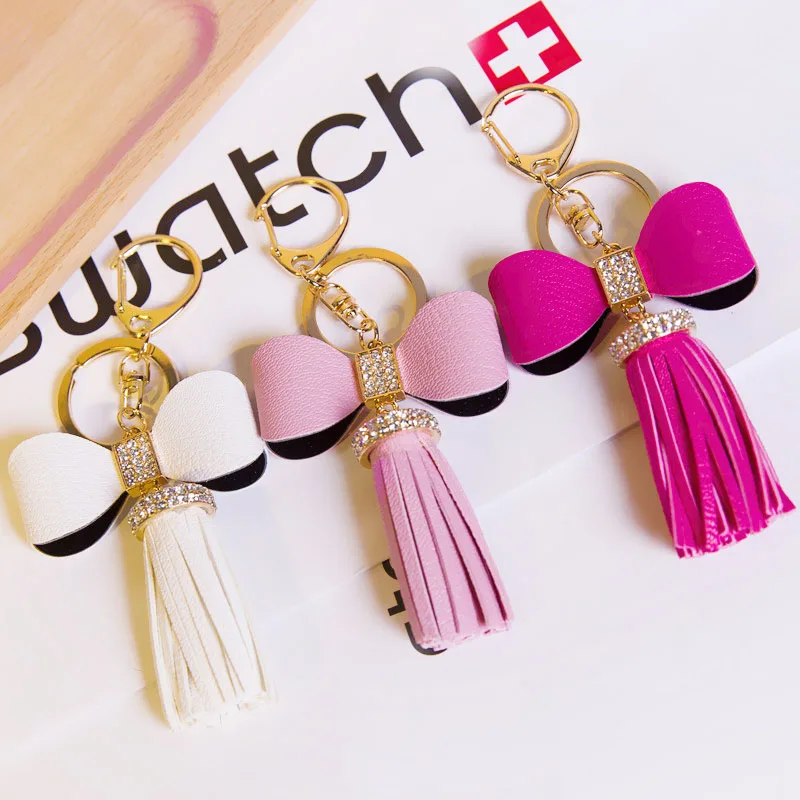 

Leather Tassels Bag Hanging With Bow Key Chains Alloy Key Ring Keychains Jewelry For Bags Car Phone Decoration EH597