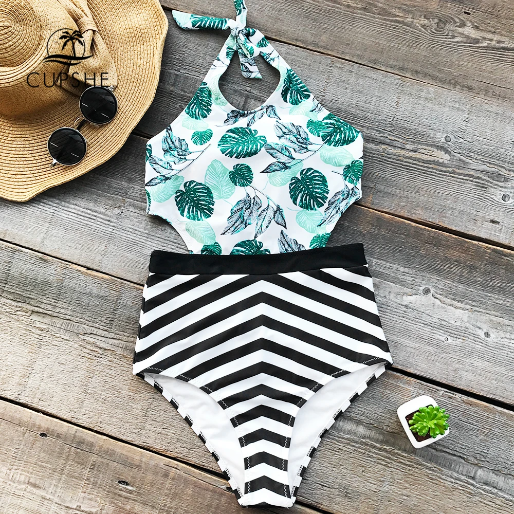 Günstige CUPSHE Green Leaf Print Gebunden Halter One stück Badeanzug Frauen Ausschnitt Backless Striped Monokini 2020 Strand Badeanzug Bademode
