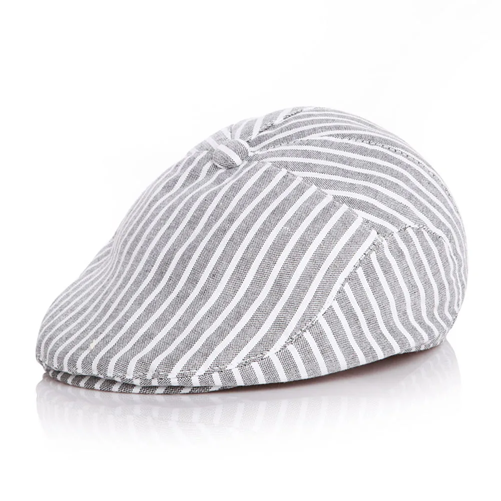 

Boy Girl Cotton Linen Summer Beret Baby Hat Toddler Striped Breathable Soft All Match Flat Fashion Adjustable Cute