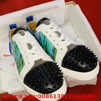 

Low Cut Leisure Lace Up Blue Mix Green Monster Leather Rivet Fashion Red Bottoms For Men Shoes Sneakers Casual Flat