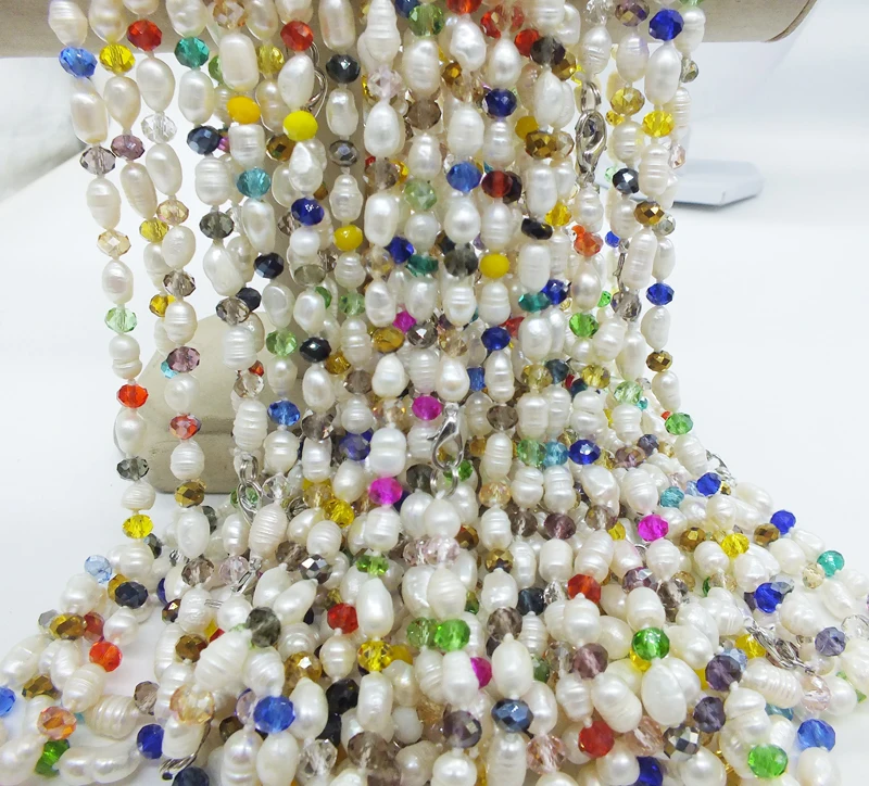 Гламур ожерелье. 6-7 мм натуральный белый пресноводный жемчуг. С украшением в виде кристаллов ожерелье. Классические женские Украшения, продвижение фабрики