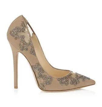 

Chic lace hollow out high heel women pumps pointed toe crystal flower stiletto heels wedding party dress shoes woman plus size 1