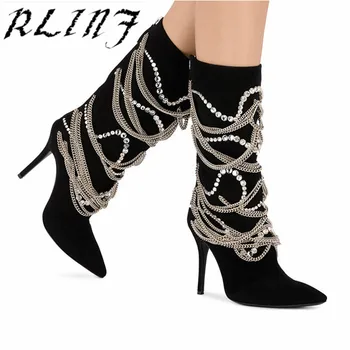 

RLINF Stiletto High-heeled Large Size 48-yard Chain Zipper Female Middle Boots