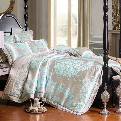 White Silver Color Jacquard Luxury Bedding sets 4/6 Pcs Queen/King size lace cotton Stain Bed set Bed linen Duvet cover pillow 38