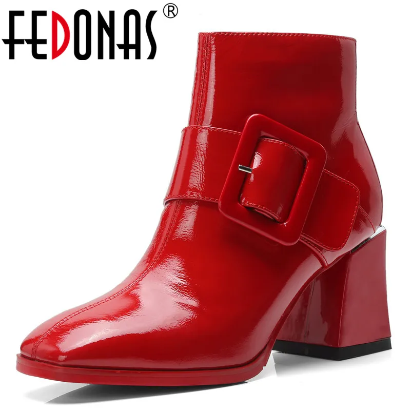 

FEDONAS 2019 Women Ankle Boots Buckles Wedding Party Shoes Woman High Heels Square Toe Autumn Winter Martin Boots Office Pumps