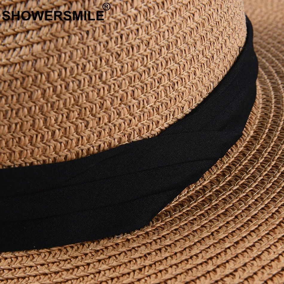 SHOWERSMILE, шляпы от солнца для мужчин, бумажная Соломенная Панама, женская классическая верблюжья джазовая Кепка, канотье, брендовые летние пляжные фетровые шляпы для отдыха