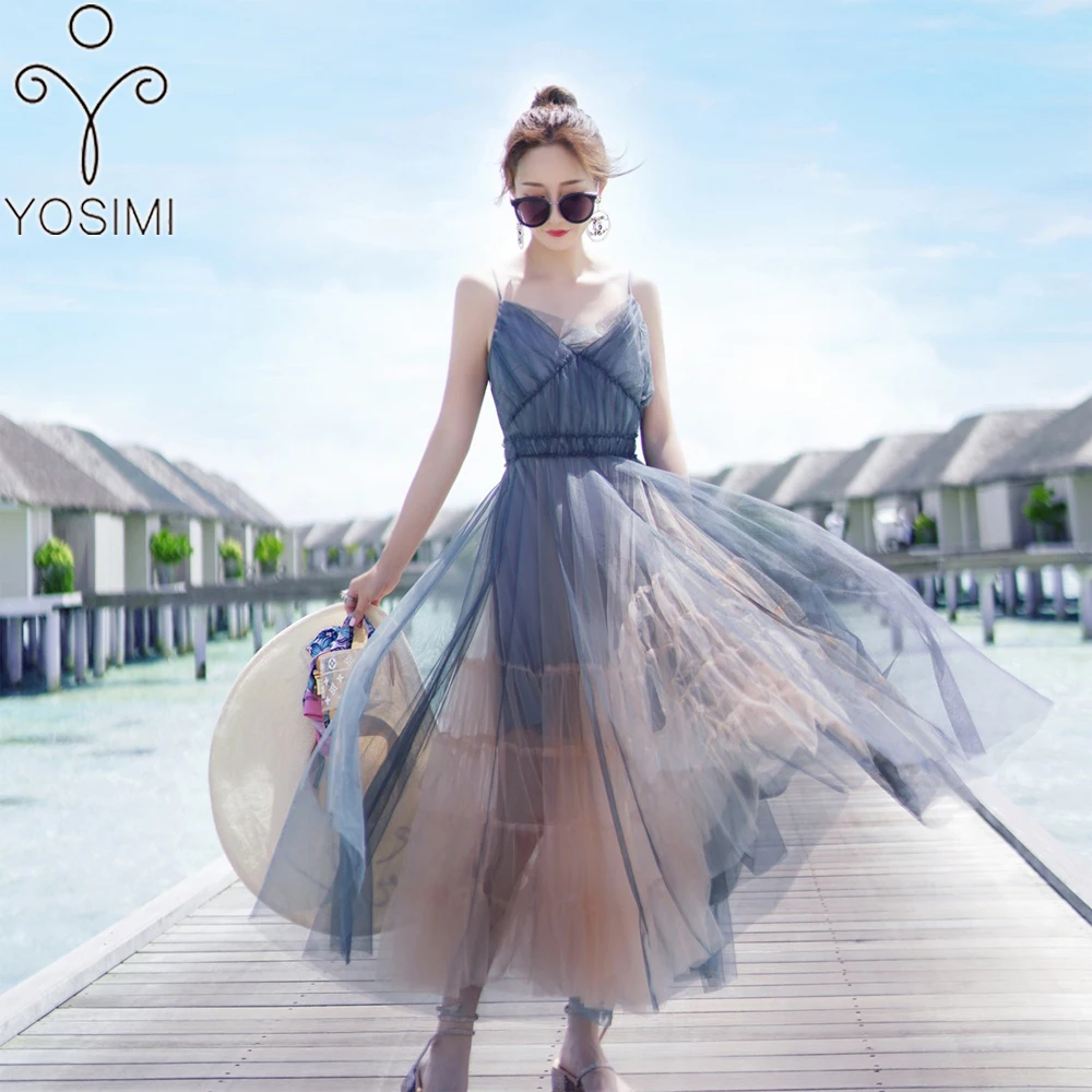 

YOSIMI 2018 Summer Sexy Women Dress Maxi Vintage Gray Mesh Long Dress for Travel Fairy Spaghetti Strap Dress Tunic Slim Vestidos