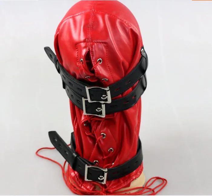 Unisex Black Leather Sensory Deprivation Bondage Hood Mask With Mouth Plug - Hd2