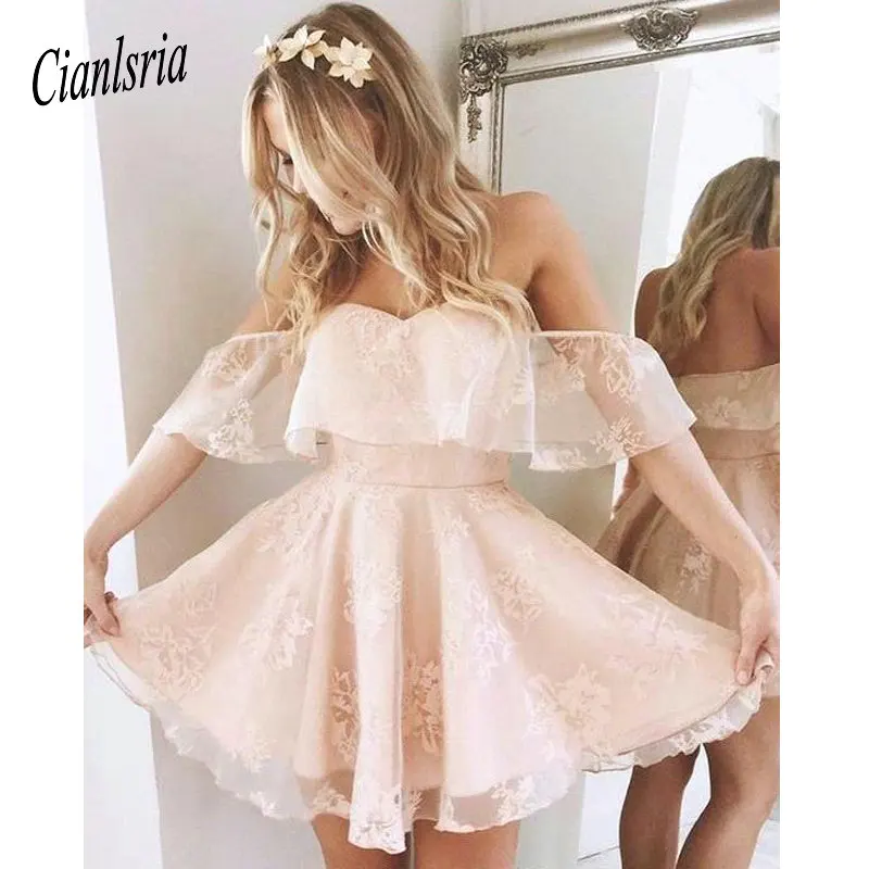 

Lovely Off Shoulder Lace Pink Homecoming Dresses Little Short A Line Pleats Mini Cocktail Gowns Backless