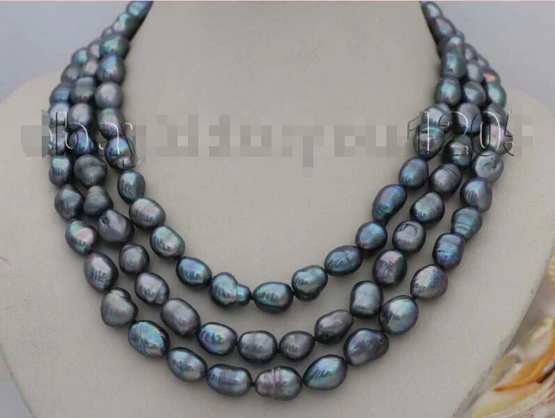 

3rows 17-18-19" Genuine Natural Black Baroque Pearl Necklace #f1916!