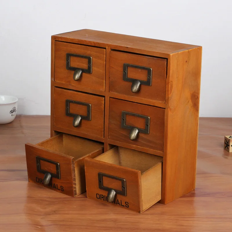 

Wooden Storage Box Desk Organizer Multi-functional Wooden Storage Cabinet With Small Six Drawers Hot