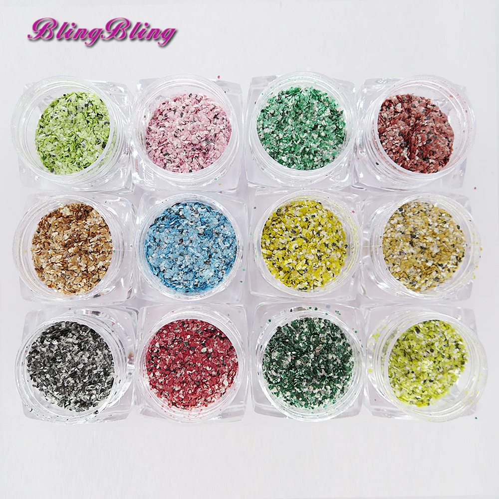 BlingBling 12 Коробки Мрамор 3d Блеск ногтей хлопья нерегулярные сломанные пайетки для